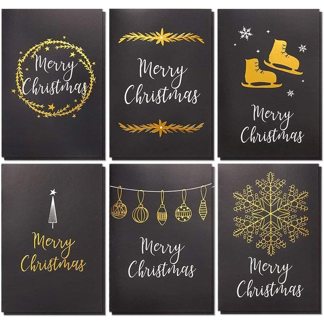 36-Pack Merry Christmas Greeting Cards Bulk Box Set - Winter Holiday Xmas Greeting Cards in 6 Black Designs with Gold Foil Accents, Envelopes Included, 4 x 6 Inches